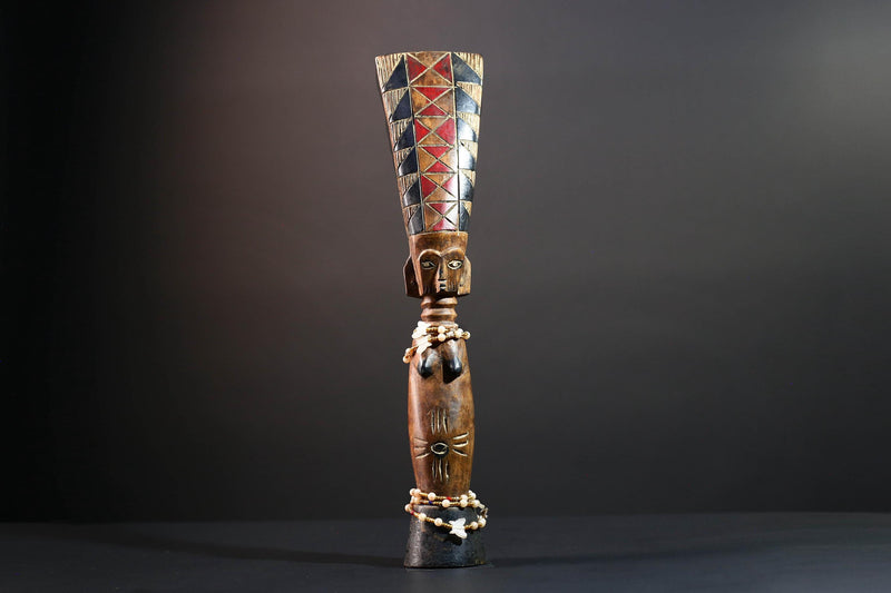 African carved sculpture tribal female wood statue scarified figure natural finish beaded waist crest art fertility ethnic decor-G5509