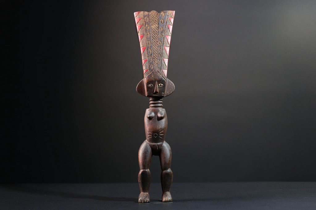 African tribal sculpture full body female figure wooden fertility art statue with tall ridged crest and symbolic carved details-G5508