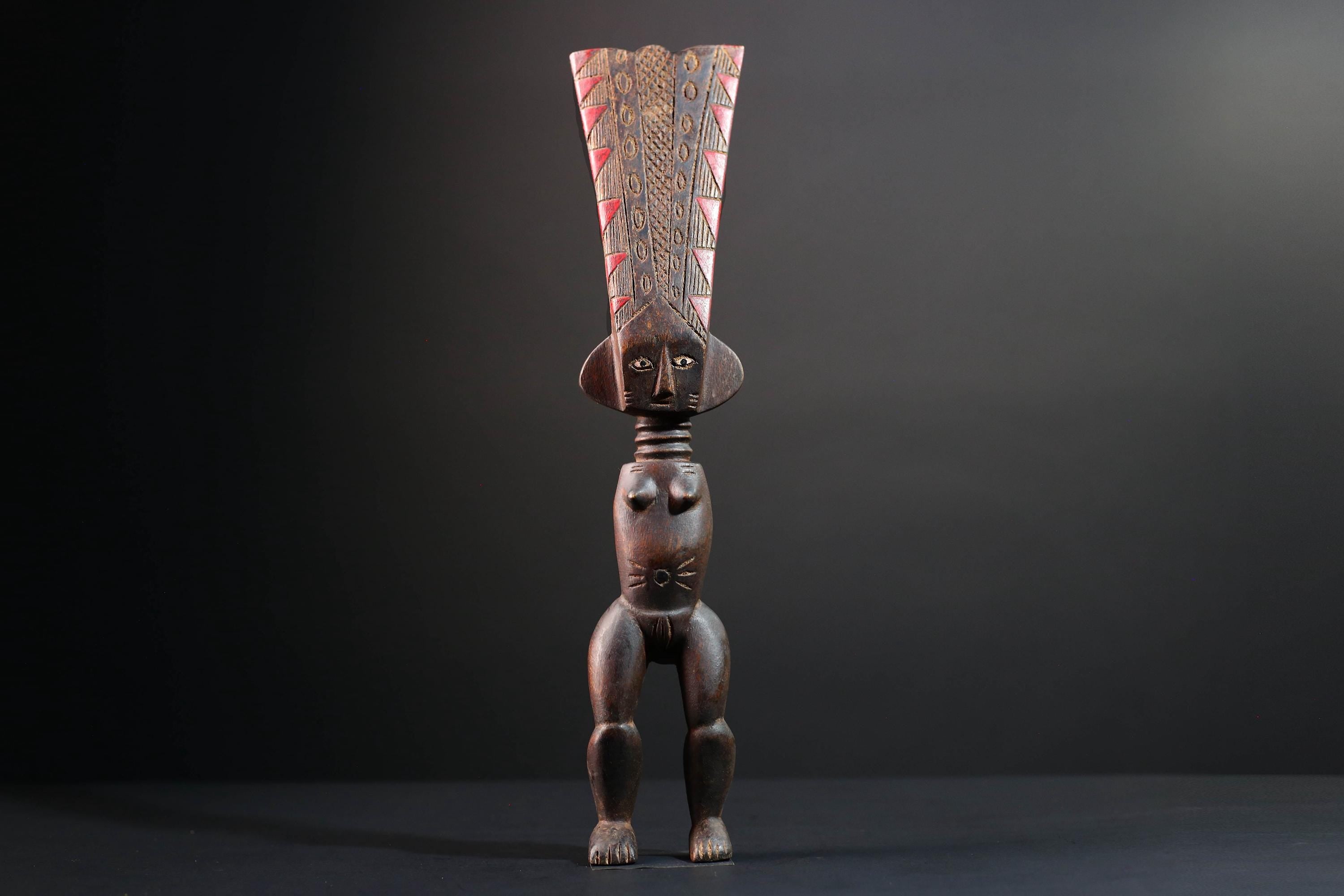 African tribal sculpture full body female figure wooden fertility art statue with tall ridged crest and symbolic carved details-G5508