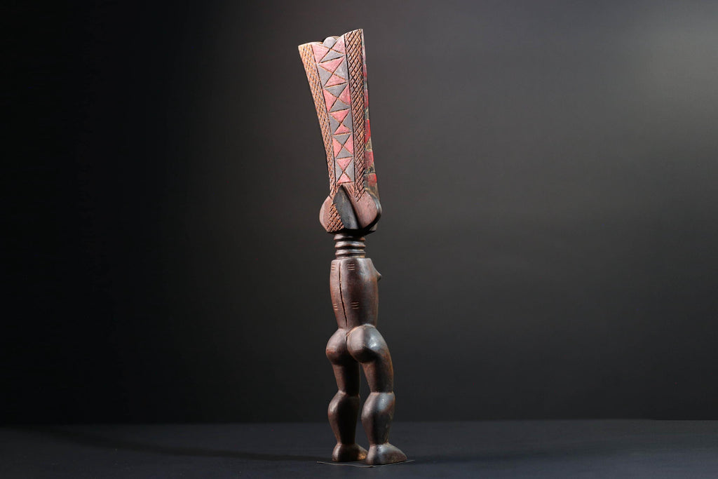 African tribal sculpture full body female figure wooden fertility art statue with tall ridged crest and symbolic carved details-G5508