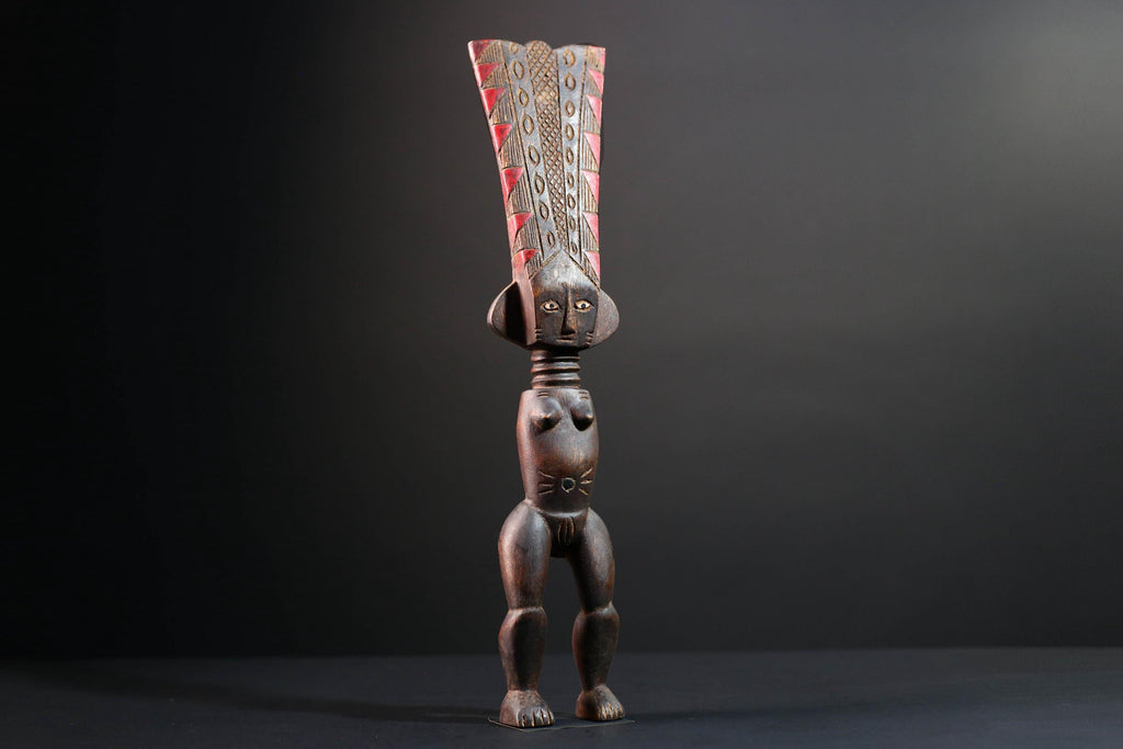 African tribal sculpture full body female figure wooden fertility art statue with tall ridged crest and symbolic carved details-G5508