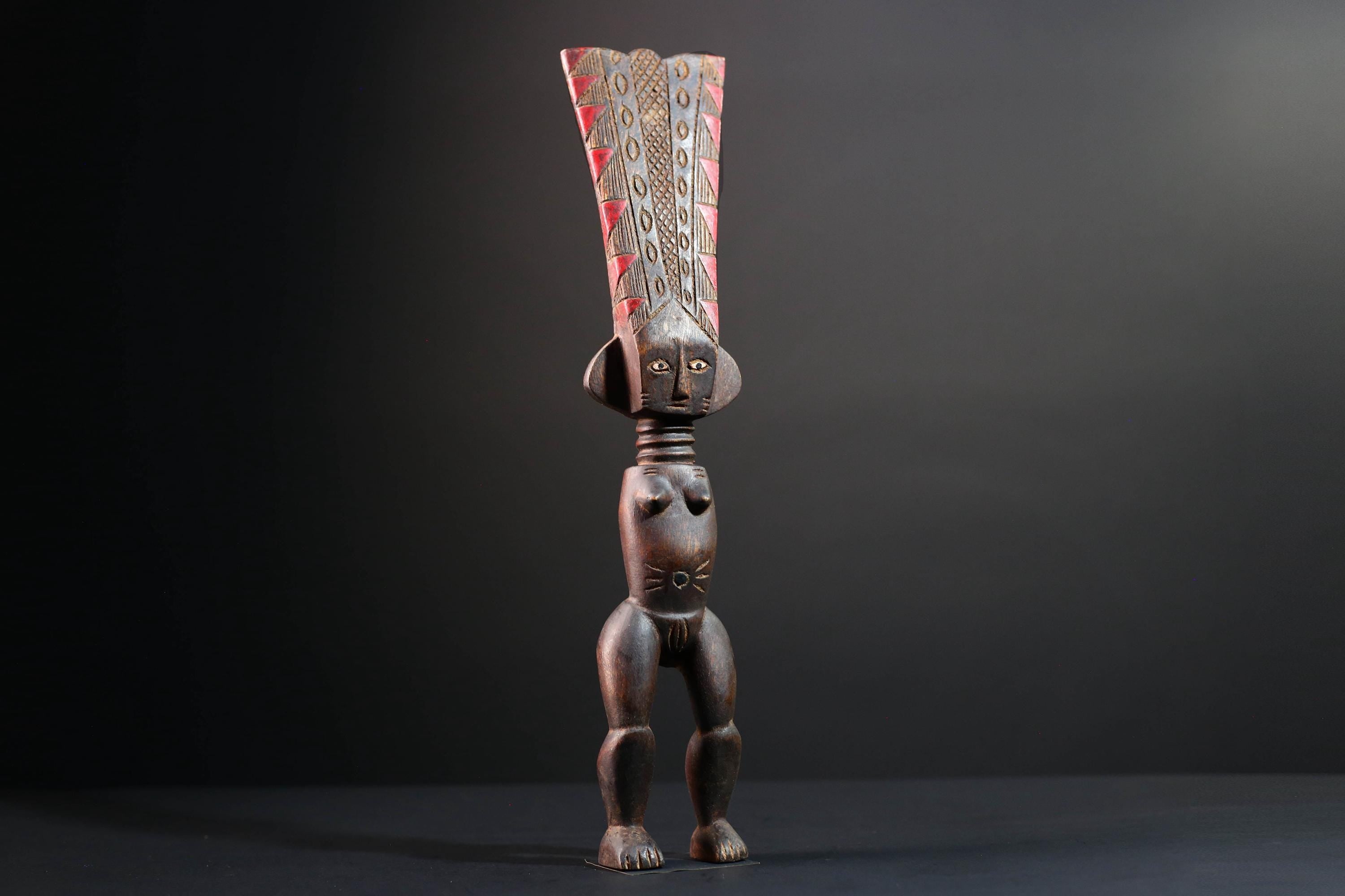 African tribal sculpture full body female figure wooden fertility art statue with tall ridged crest and symbolic carved details-G5508