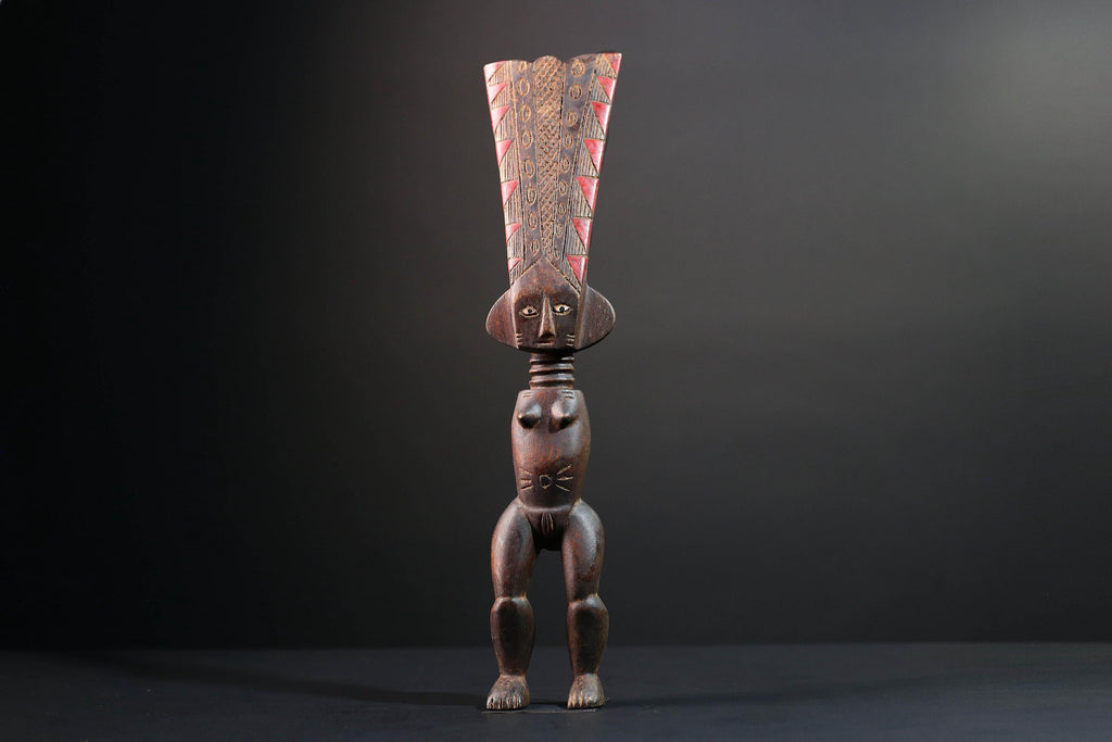 African tribal sculpture full body female figure wooden fertility art statue with tall ridged crest and symbolic carved details-G5508