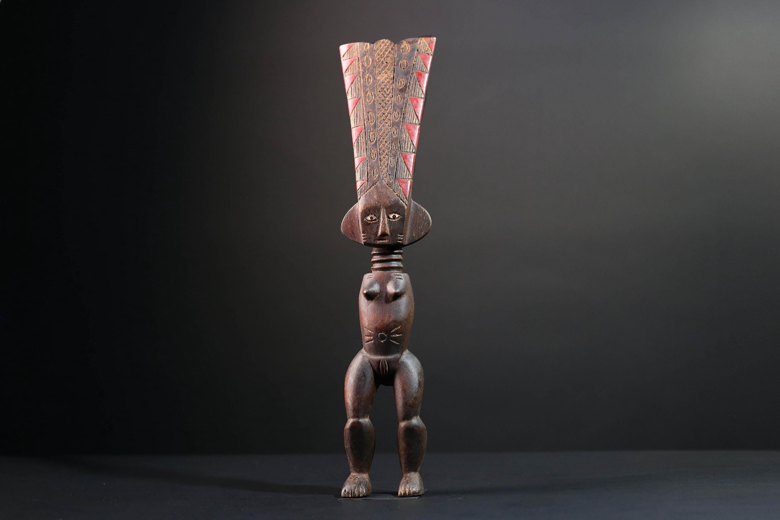 African tribal sculpture full body female figure wooden fertility art statue with tall ridged crest and symbolic carved details-G5508
