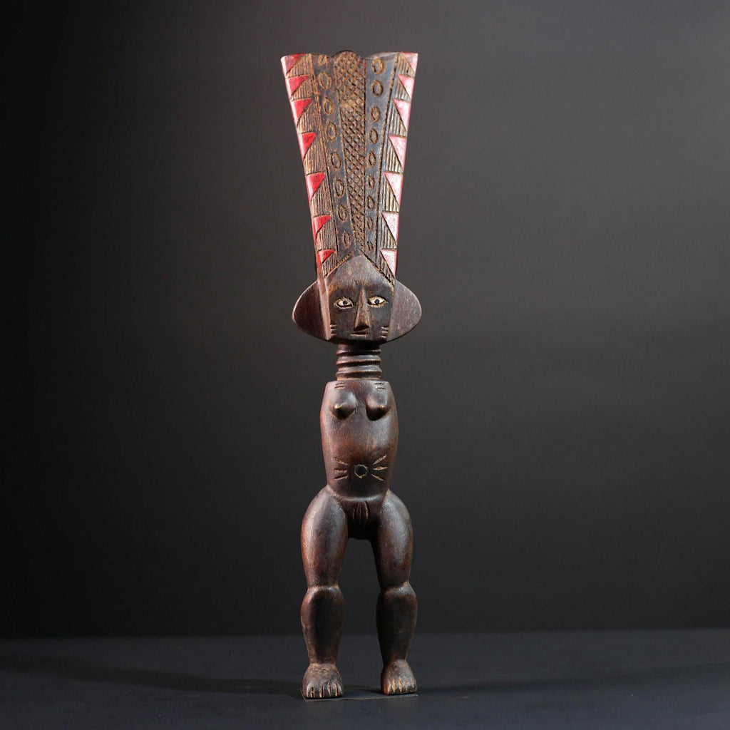 African tribal sculpture full body female figure wooden fertility art statue with tall ridged crest and symbolic carved details-G5508