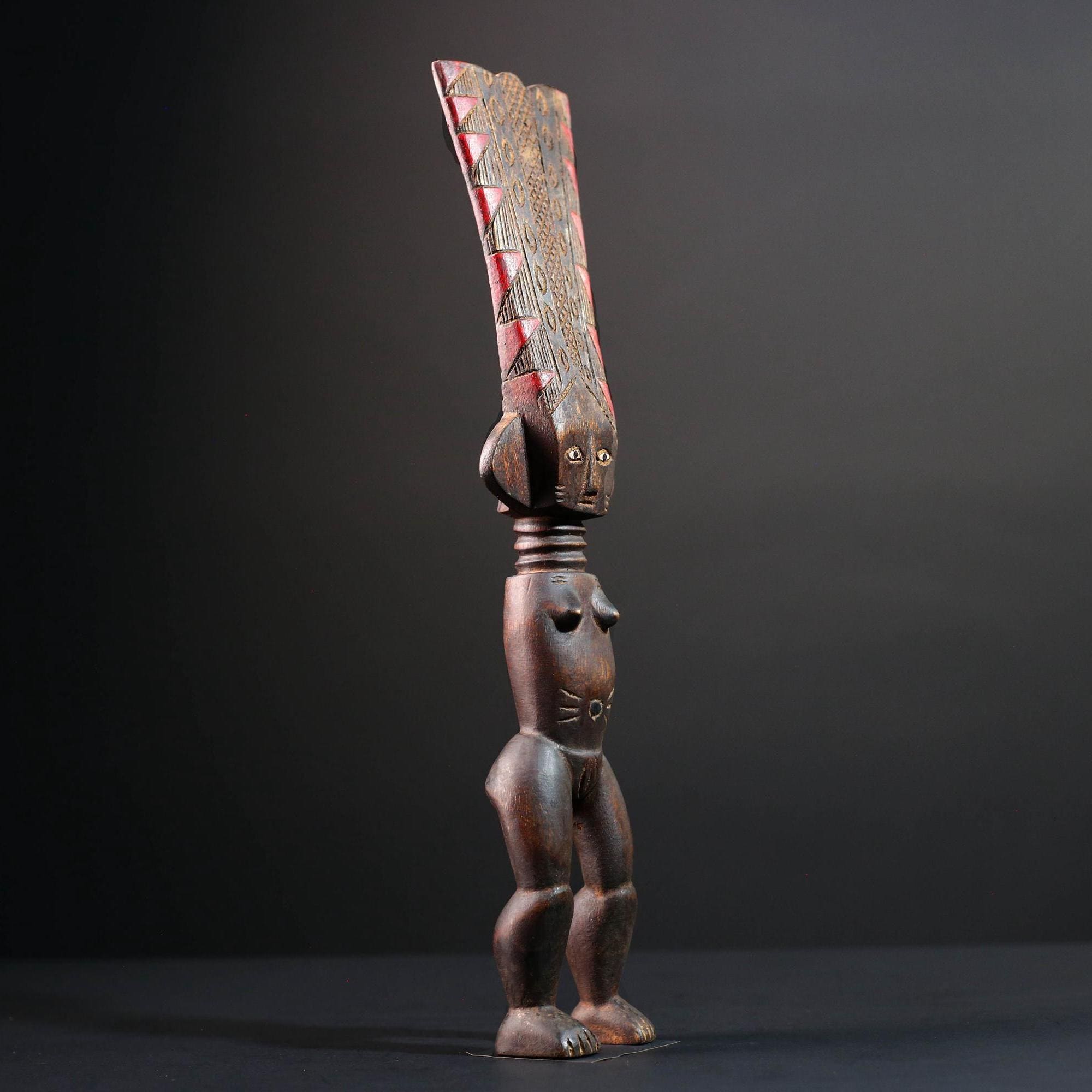 African tribal sculpture full body female figure wooden fertility art statue with tall ridged crest and symbolic carved details-G5508