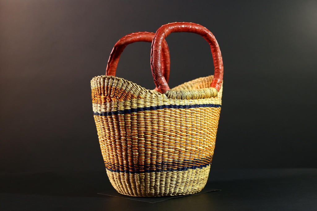 African Bolga Basket Handwoven Straw Market Tote with Leather Handles Ghana Decor Functional Artisan Tribal Storage Home Accent G5590