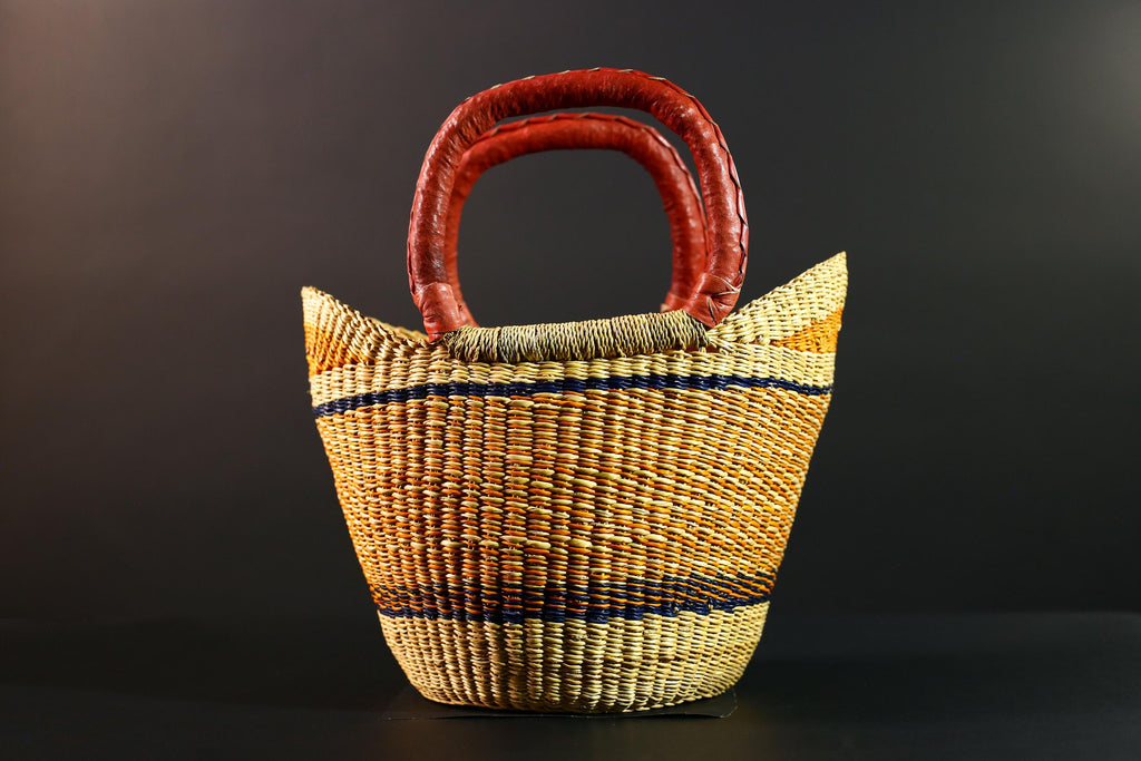 African Bolga Basket Handwoven Straw Market Tote with Leather Handles Ghana Decor Functional Artisan Tribal Storage Home Accent G5590