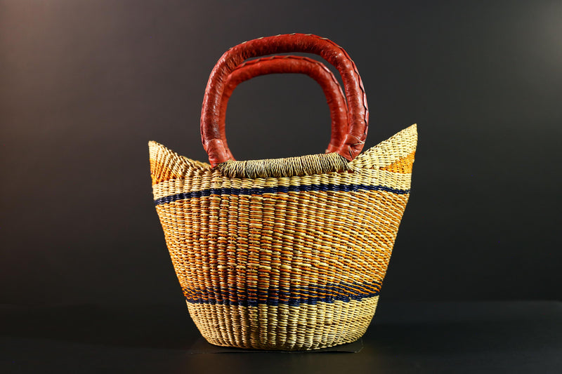 African Bolga Basket Handwoven Straw Market Tote with Leather Handles Ghana Decor Functional Artisan Tribal Storage Home Accent G5590