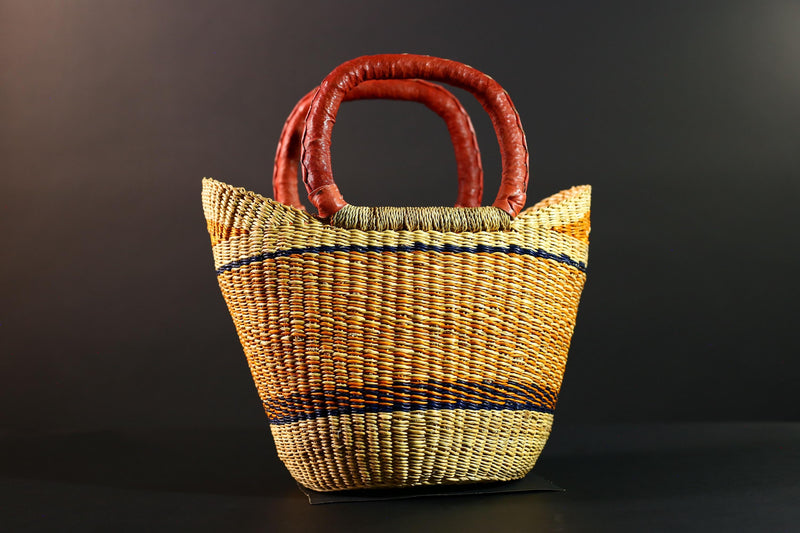 African Bolga Basket Handwoven Straw Market Tote with Leather Handles Ghana Decor Functional Artisan Tribal Storage Home Accent G5590