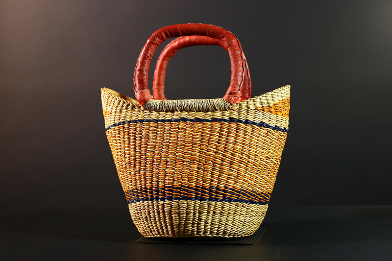 African Bolga Basket Handwoven Straw Market Tote with Leather Handles Ghana Decor Functional Artisan Tribal Storage Home Accent G5590