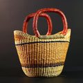 African Bolga Basket Handwoven Straw Market Tote with Leather Handles Ghana Decor Functional Artisan Tribal Storage Home Accent G5590