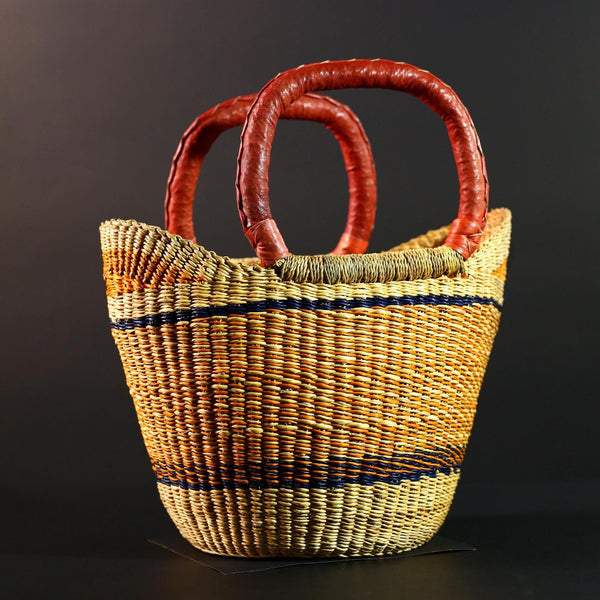 African Bolga Basket Handwoven Straw Market Tote with Leather Handles Ghana Decor Functional Artisan Tribal Storage Home Accent G5590