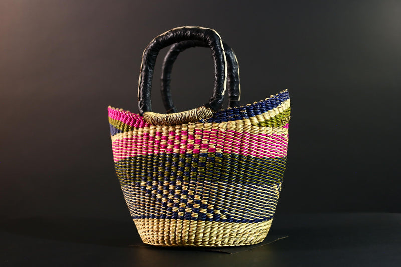 African Bolga Basket Handwoven Colorful Straw Tote with Leather Handles Ghana Market Bag Eco Storage Basket for Home or Shopping G5591