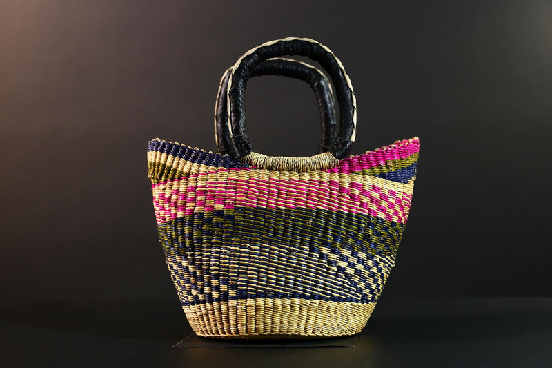African Bolga Basket Handwoven Colorful Straw Tote with Leather Handles Ghana Market Bag Eco Storage Basket for Home or Shopping G5591