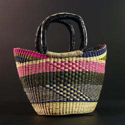 African Bolga Basket Handwoven Colorful Straw Tote with Leather Handles Ghana Market Bag Eco Storage Basket for Home or Shopping G5591