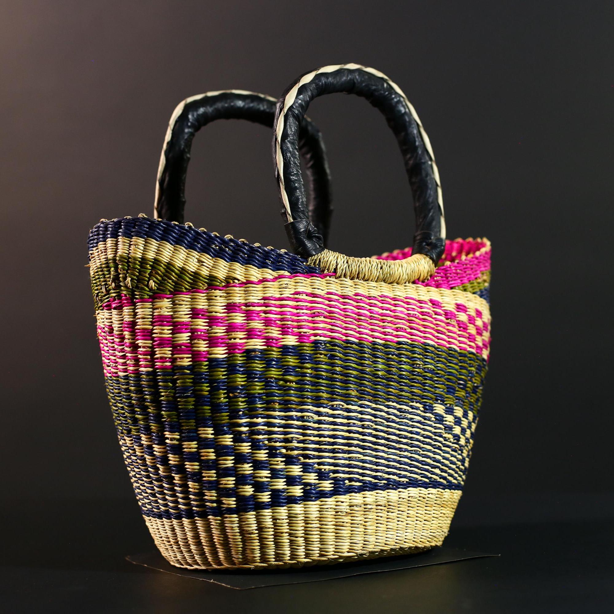 African Bolga Basket Handwoven Colorful Straw Tote with Leather Handles Ghana Market Bag Eco Storage Basket for Home or Shopping G5591