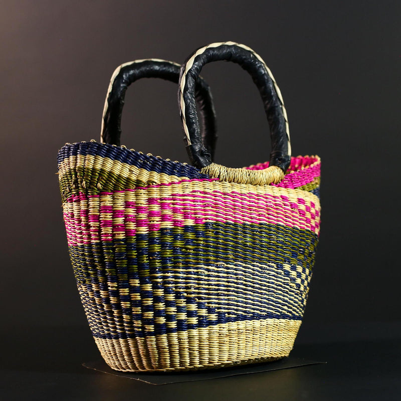 African Bolga Basket Handwoven Colorful Straw Tote with Leather Handles Ghana Market Bag Eco Storage Basket for Home or Shopping G5591