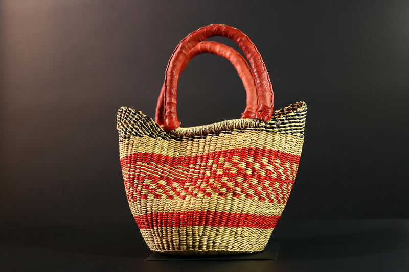 African Bolga Basket Red Leather Handle Woven Market Tote Ghana Storage Basket Handcrafted Straw Decor Boho Home Organizer G5592