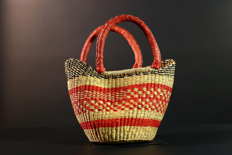 African Bolga Basket Red Leather Handle Woven Market Tote Ghana Storage Basket Handcrafted Straw Decor Boho Home Organizer G5592