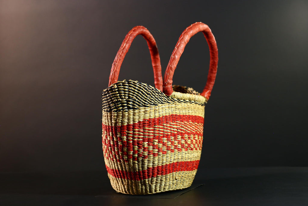 African Bolga Basket Red Leather Handle Woven Market Tote Ghana Storage Basket Handcrafted Straw Decor Boho Home Organizer G5592