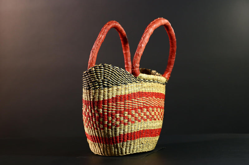 African Bolga Basket Red Leather Handle Woven Market Tote Ghana Storage Basket Handcrafted Straw Decor Boho Home Organizer G5592