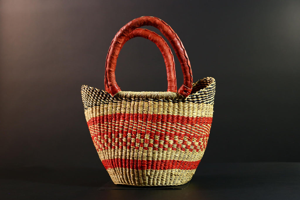 African Bolga Basket Red Leather Handle Woven Market Tote Ghana Storage Basket Handcrafted Straw Decor Boho Home Organizer G5592