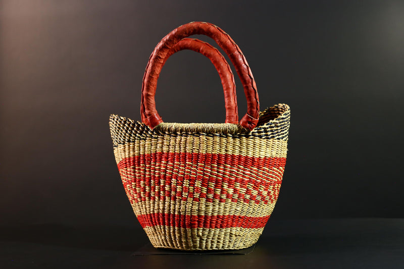 African Bolga Basket Red Leather Handle Woven Market Tote Ghana Storage Basket Handcrafted Straw Decor Boho Home Organizer G5592