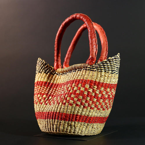 African Bolga Basket Red Leather Handle Woven Market Tote Ghana Storage Basket Handcrafted Straw Decor Boho Home Organizer G5592
