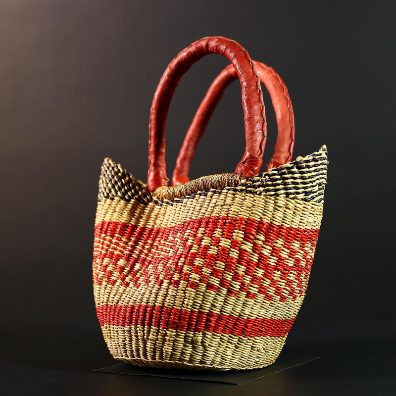 African Bolga Basket Red Leather Handle Woven Market Tote Ghana Storage Basket Handcrafted Straw Decor Boho Home Organizer G5592