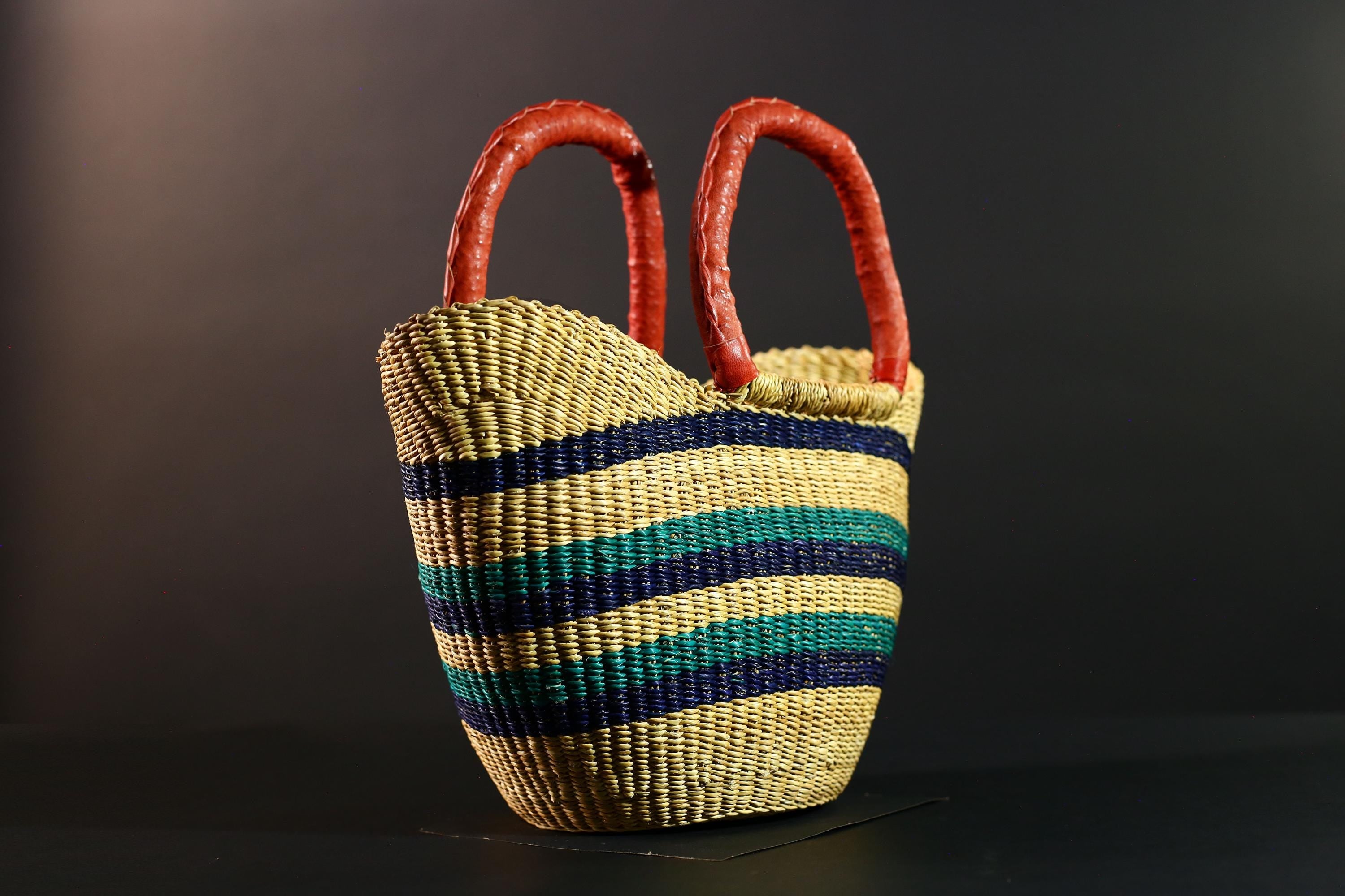 African Bolga Basket Multicolor Leather Handle Woven Tote Ghana Market Storage Straw Organizer Handcrafted Boho Home Decor G5593