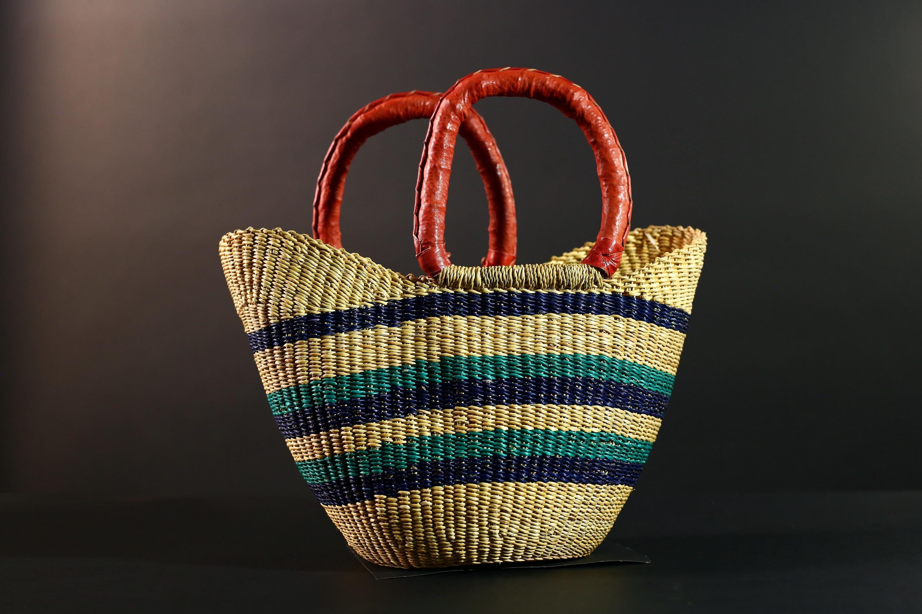 African Bolga Basket Multicolor Leather Handle Woven Tote Ghana Market Storage Straw Organizer Handcrafted Boho Home Decor G5593