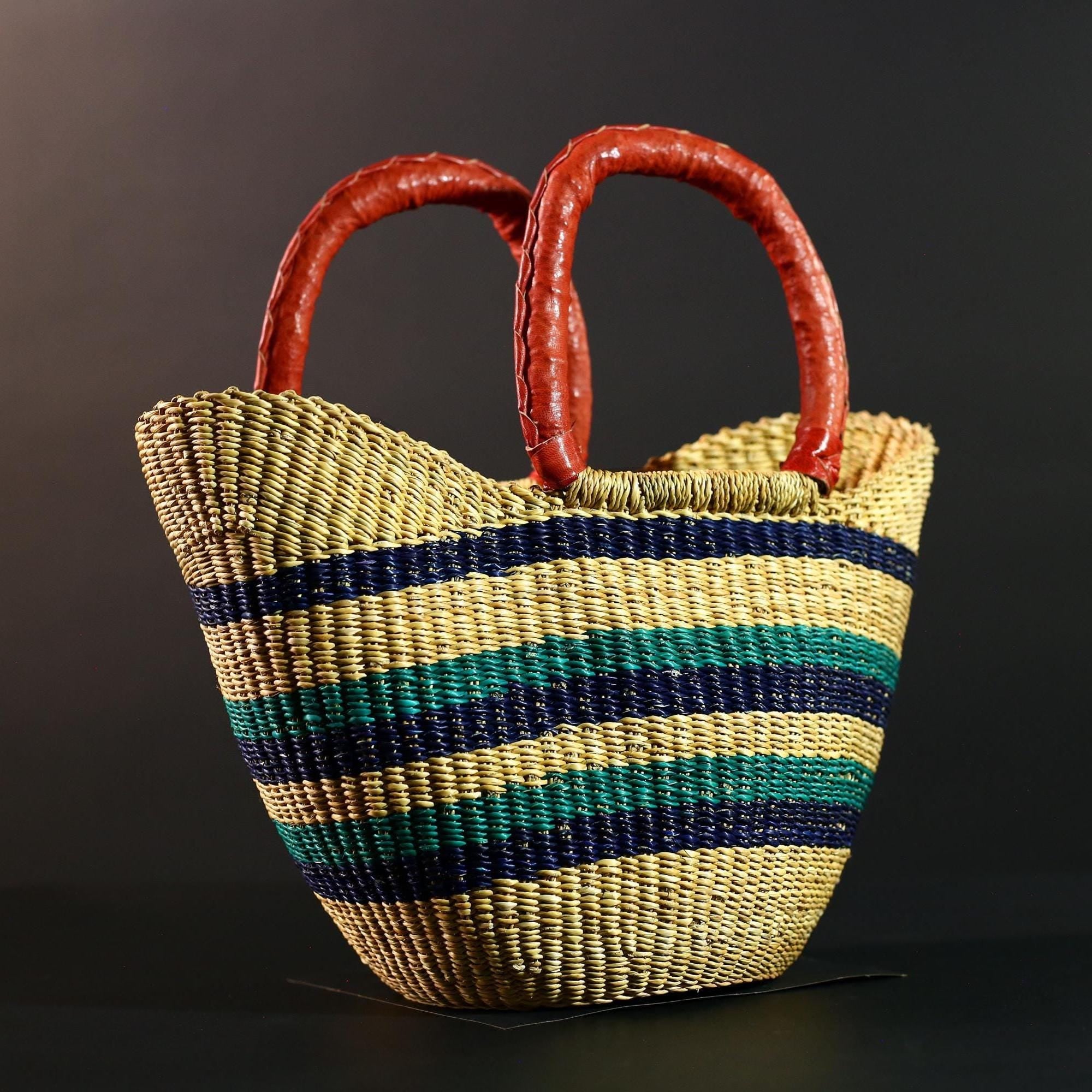 African Bolga Basket Multicolor Leather Handle Woven Tote Ghana Market Storage Straw Organizer Handcrafted Boho Home Decor G5593