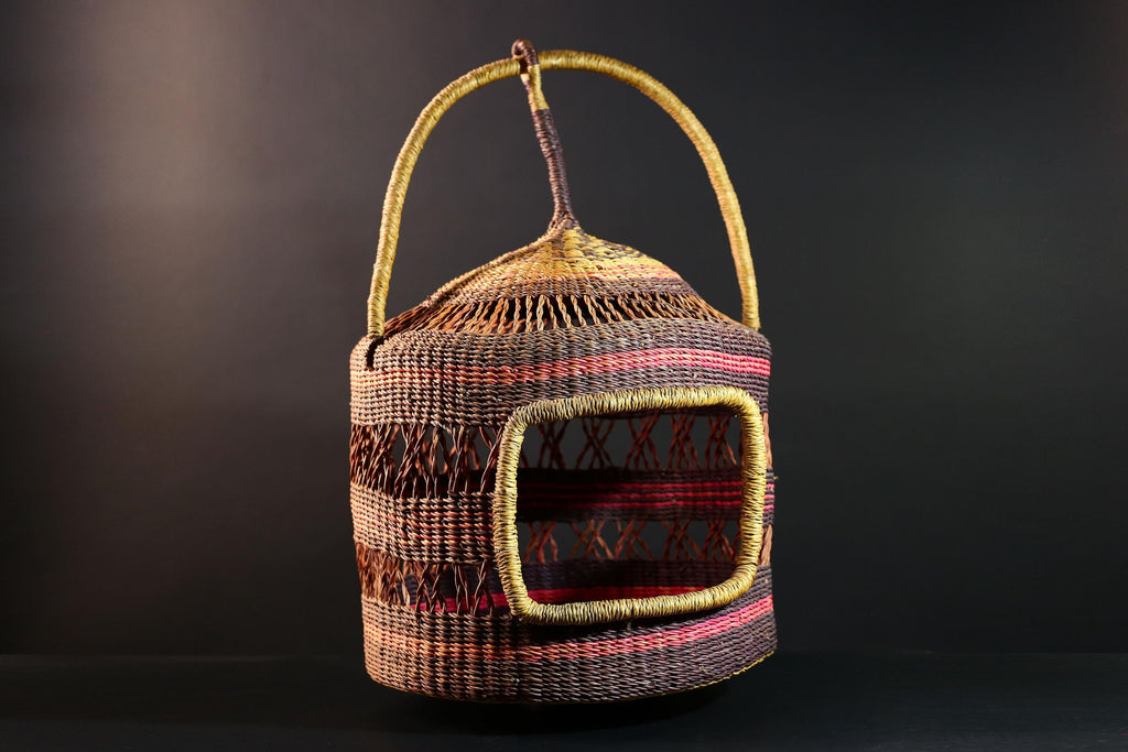 African Bolga Cat Bed Woven Straw Basket with Handle Ghana Pet Furniture Boho Home Storage Indoor Natural Decor Organizer G5594