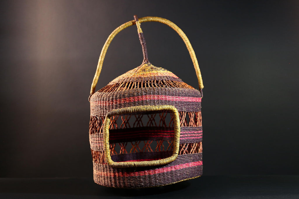 African Bolga Cat Bed Woven Straw Basket with Handle Ghana Pet Furniture Boho Home Storage Indoor Natural Decor Organizer G5594