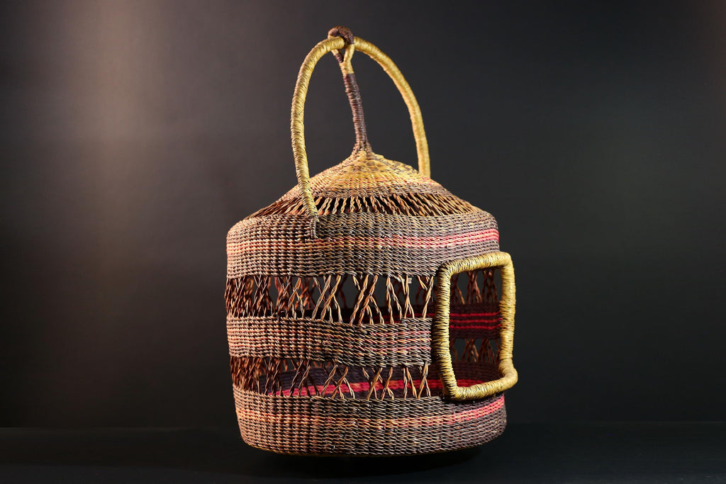 African Bolga Cat Bed Woven Straw Basket with Handle Ghana Pet Furniture Boho Home Storage Indoor Natural Decor Organizer G5594