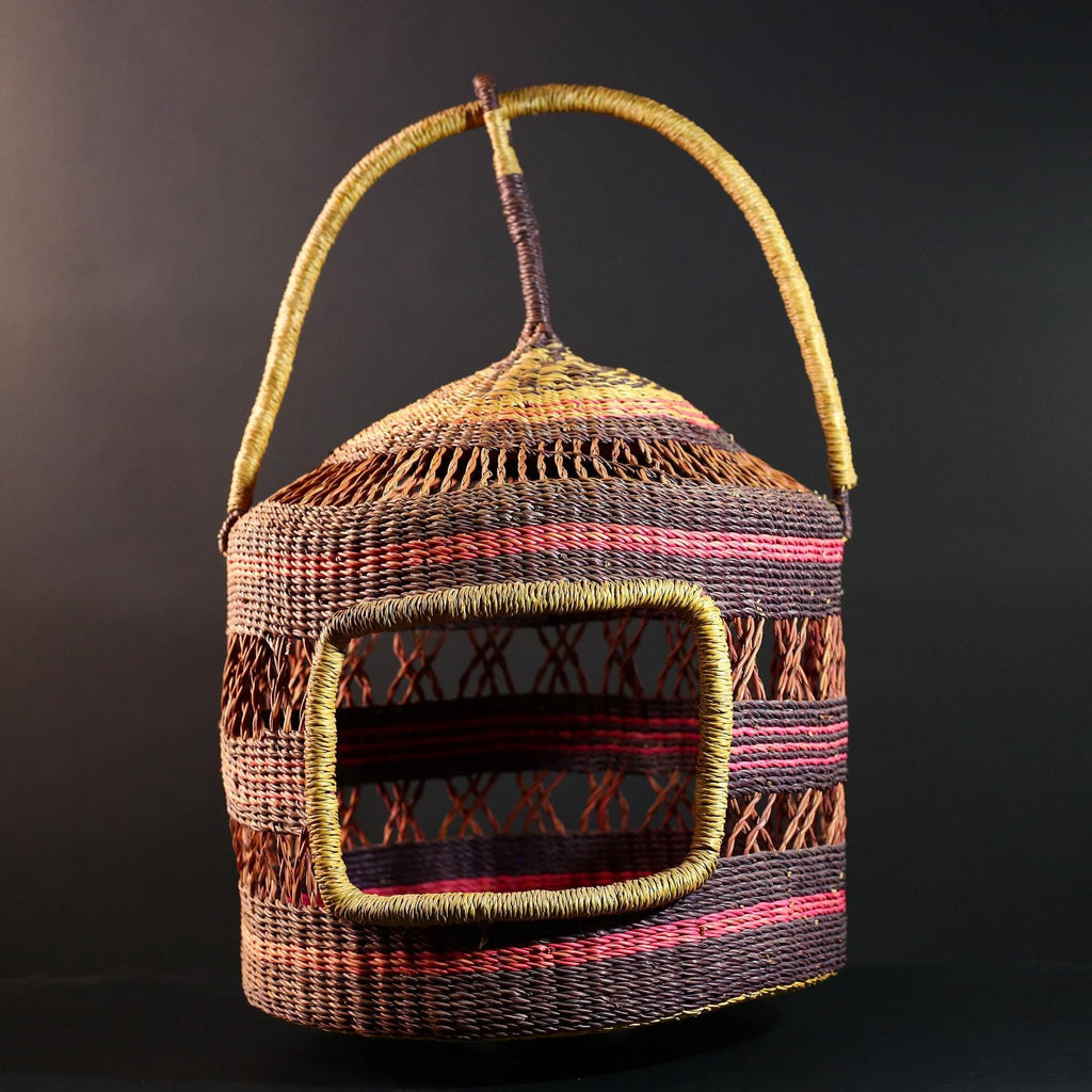 African Bolga Cat Bed Woven Straw Basket with Handle Ghana Pet Furniture Boho Home Storage Indoor Natural Decor Organizer G5594