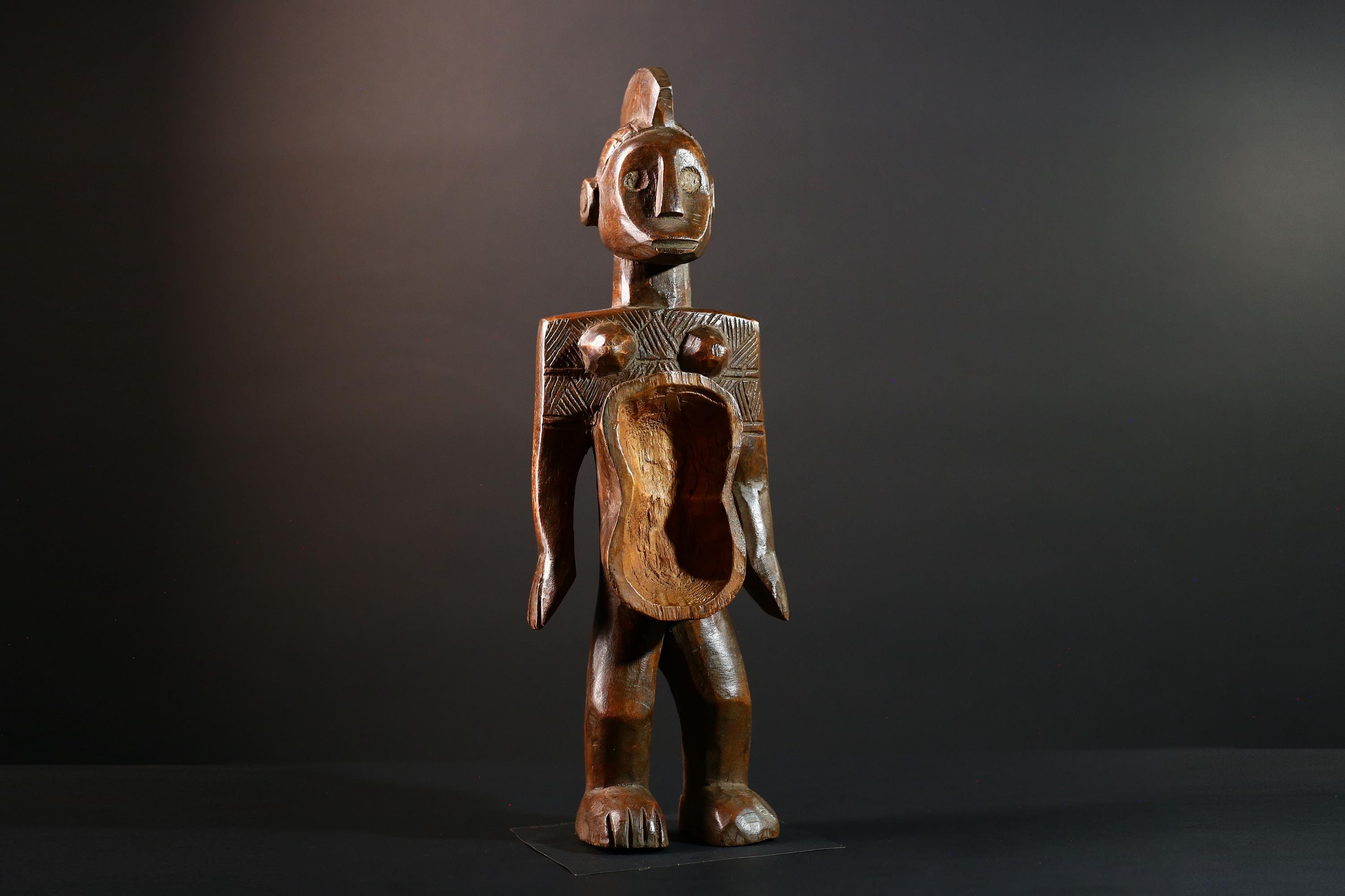 African Tribal Figure Hand Carved Wood Congo Female Sculpture Spirit Ritual Art Decor Collectible Wall Accent Traditional Object-G5595