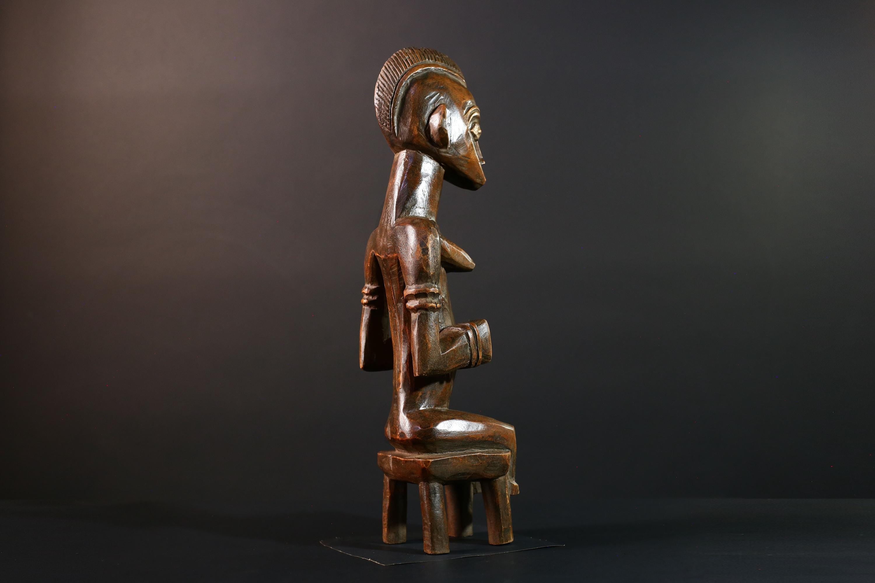 African Seated Tribal Figure Congolese Wood Ancestor Art Hand-Carved Spiritual Shrine Sculpture Decor-G5596
