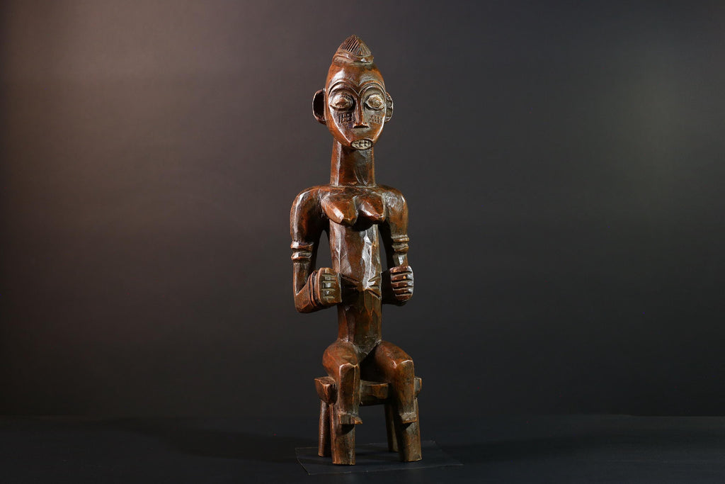 African Seated Tribal Figure Congolese Wood Ancestor Art Hand-Carved Spiritual Shrine Sculpture Decor-G5596