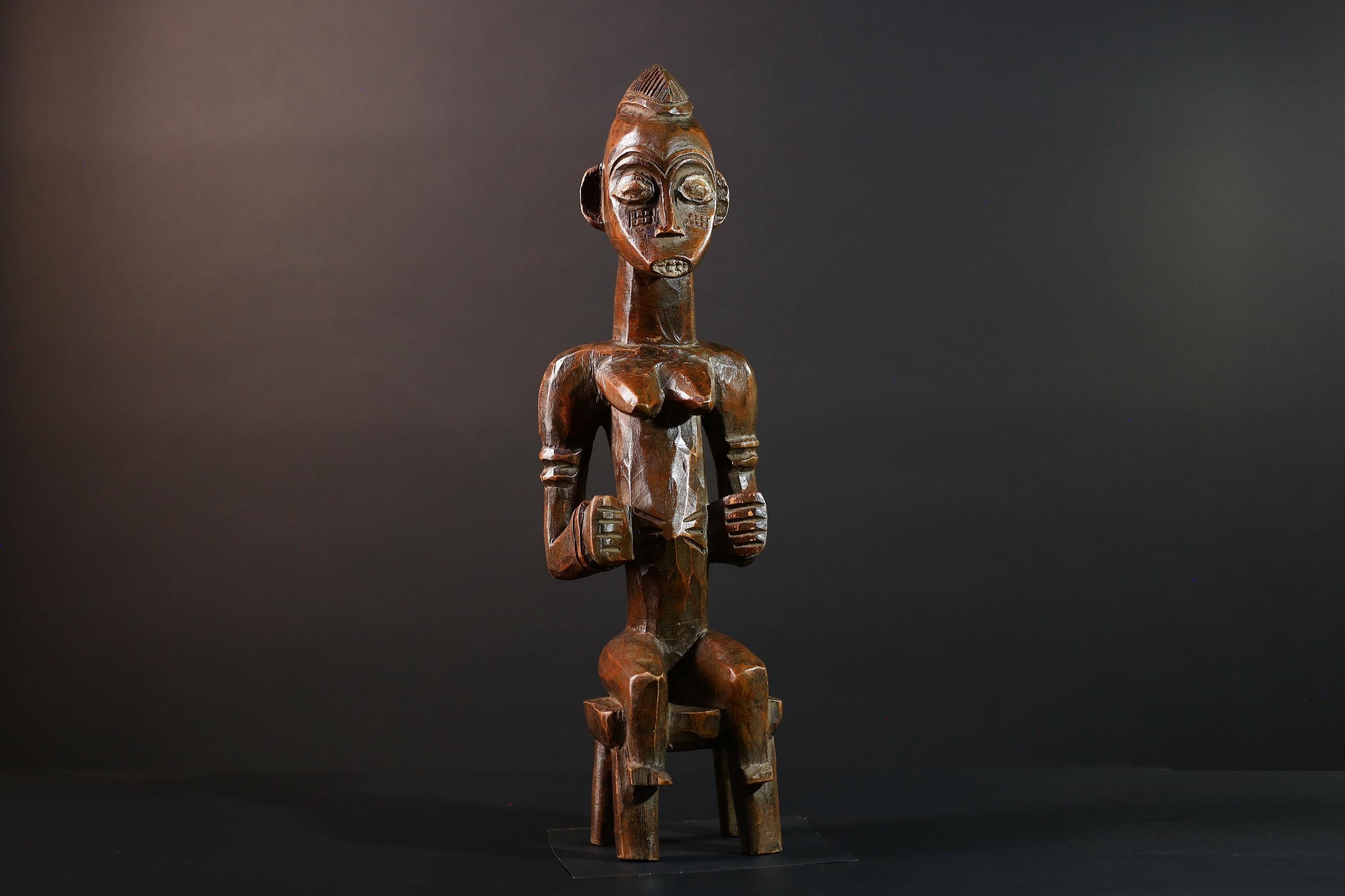 African Seated Tribal Figure Congolese Wood Ancestor Art Hand-Carved Spiritual Shrine Sculpture Decor-G5596