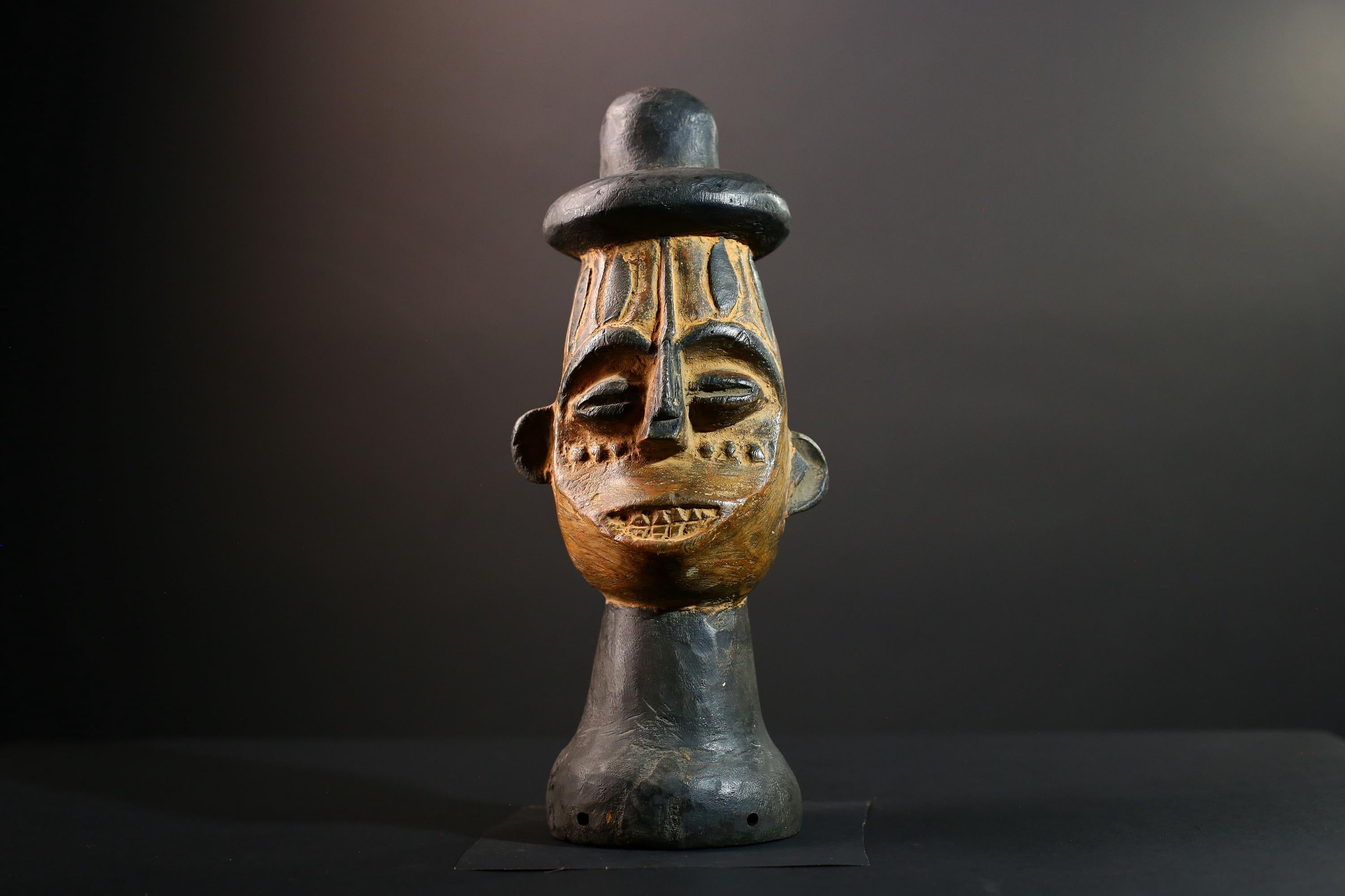 African head sculpture Songye tribal carved wood spirit statue Congo decor ceremonial art spiritual African wall altar piece-G5598