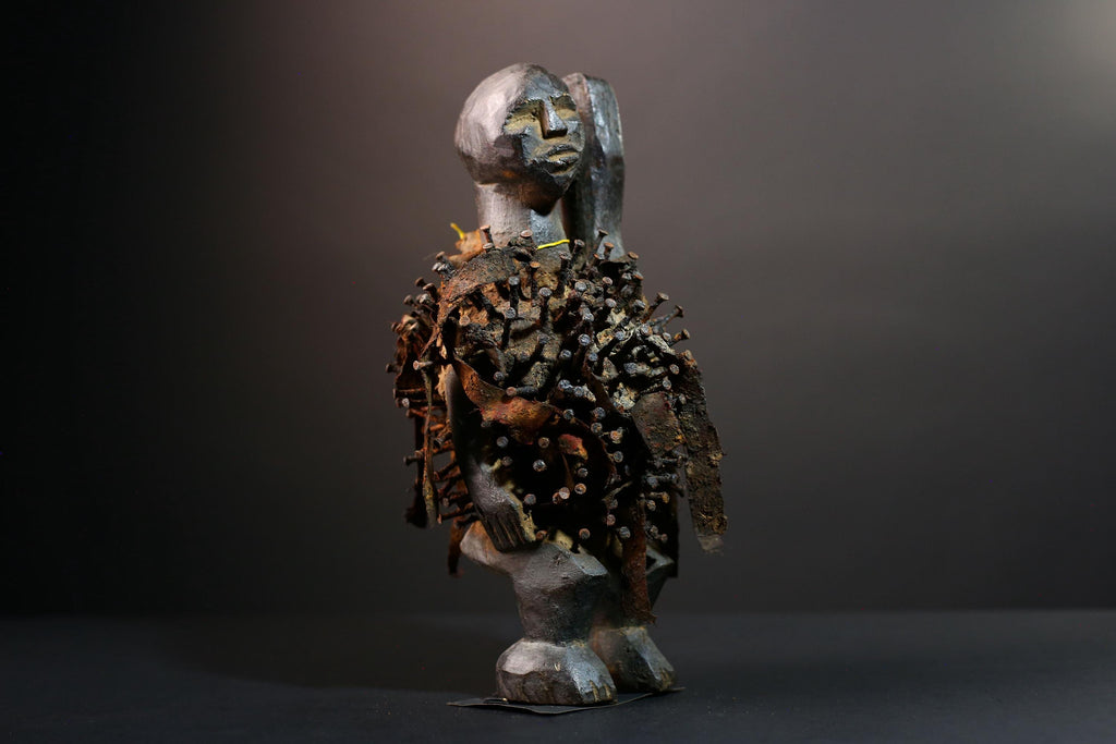 African nail fetish figure Kongo carved tribal power sculpture Congo nkisi art spirit shrine statue spiritual protective wood decor G5600