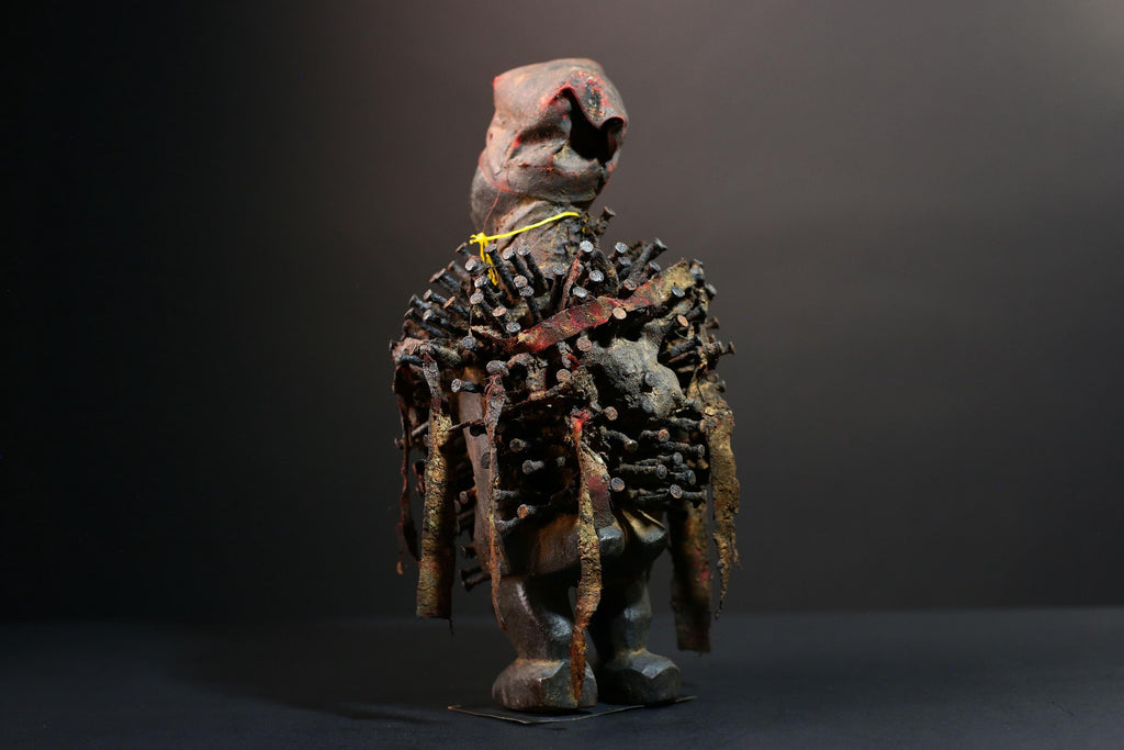 African nail fetish statue Congo power nkisi nkondi carved tribal charm spirit shrine figure protective sculpture wood magic decor G5601