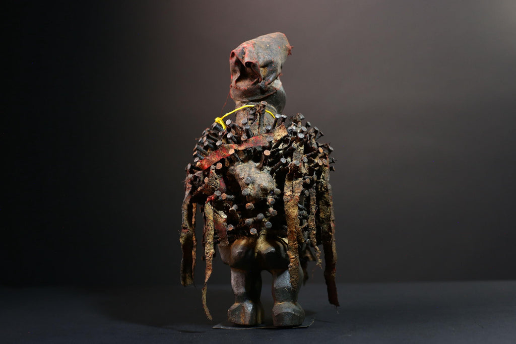 African nail fetish statue Congo power nkisi nkondi carved tribal charm spirit shrine figure protective sculpture wood magic decor G5601