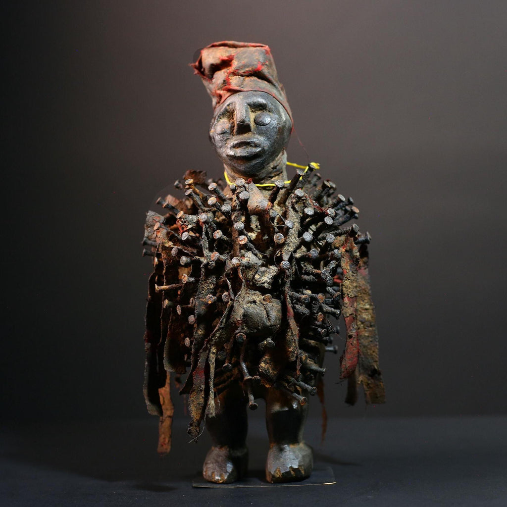 African nail fetish statue Congo power nkisi nkondi carved tribal charm spirit shrine figure protective sculpture wood magic decor G5601