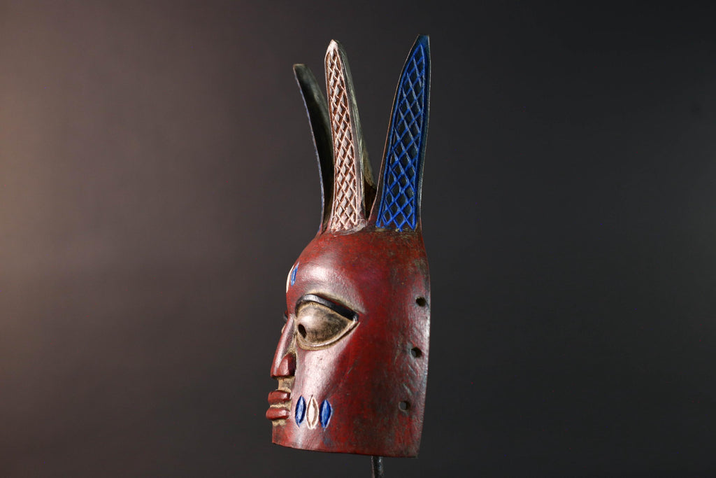 African tribal wall mask red face bwoom songye art carved sculpture mask with crest african wall decor handmade rustic gift for him-G5537