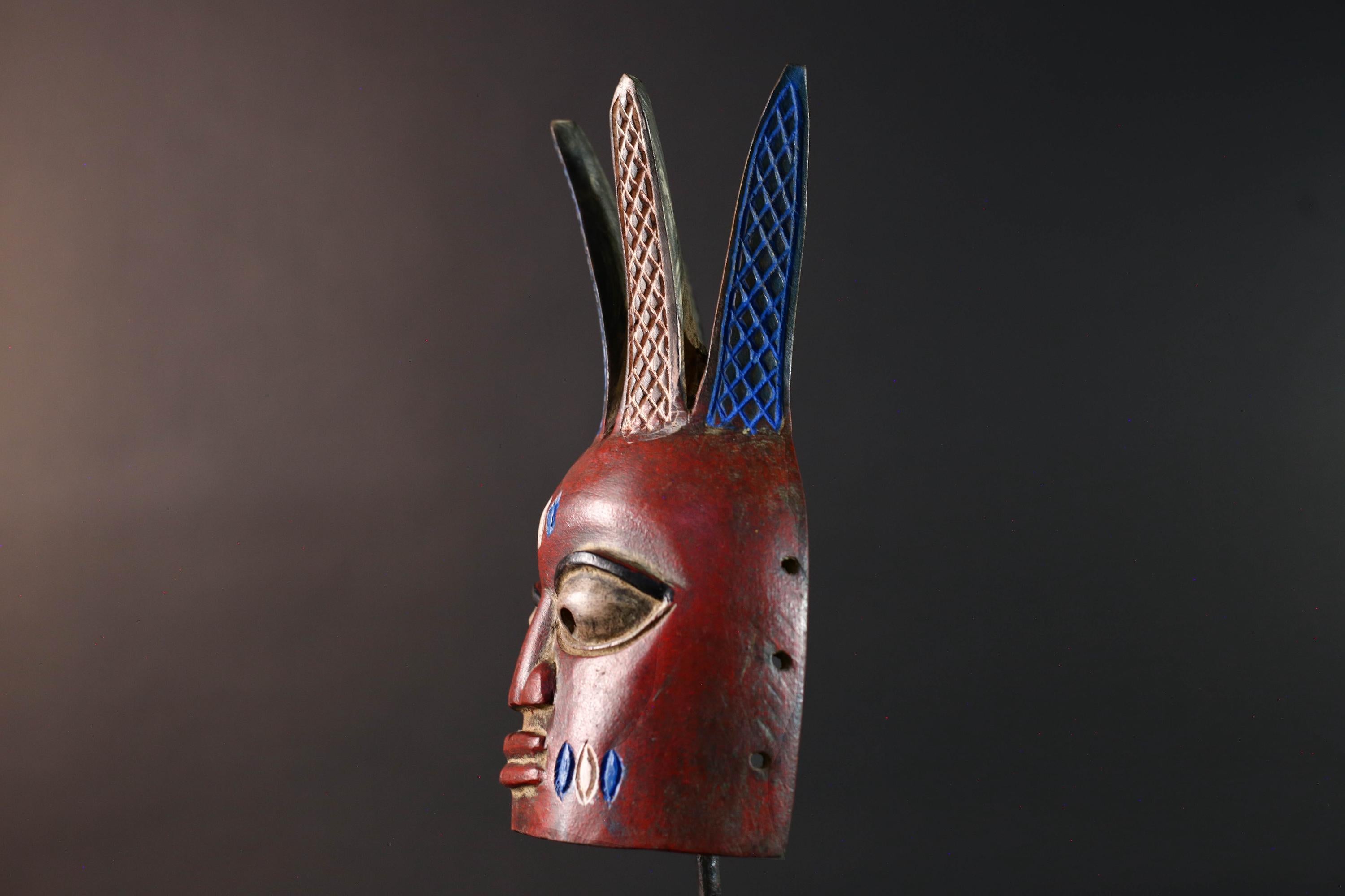 African tribal wall mask red face bwoom songye art carved sculpture mask with crest african wall decor handmade rustic gift for him-G5537
