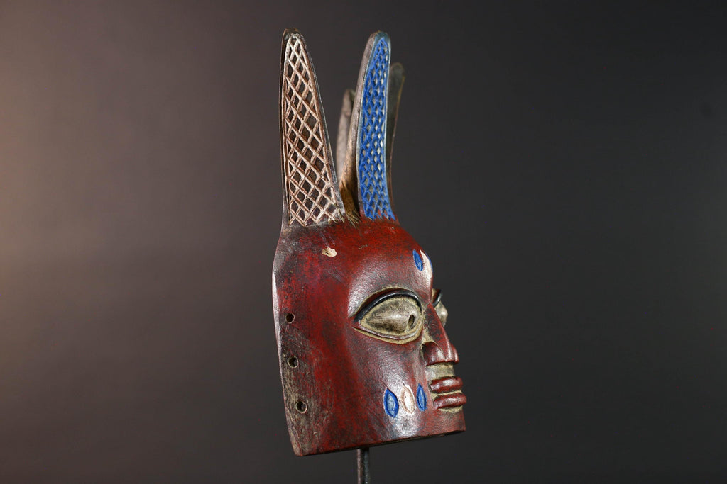 African tribal wall mask red face bwoom songye art carved sculpture mask with crest african wall decor handmade rustic gift for him-G5537