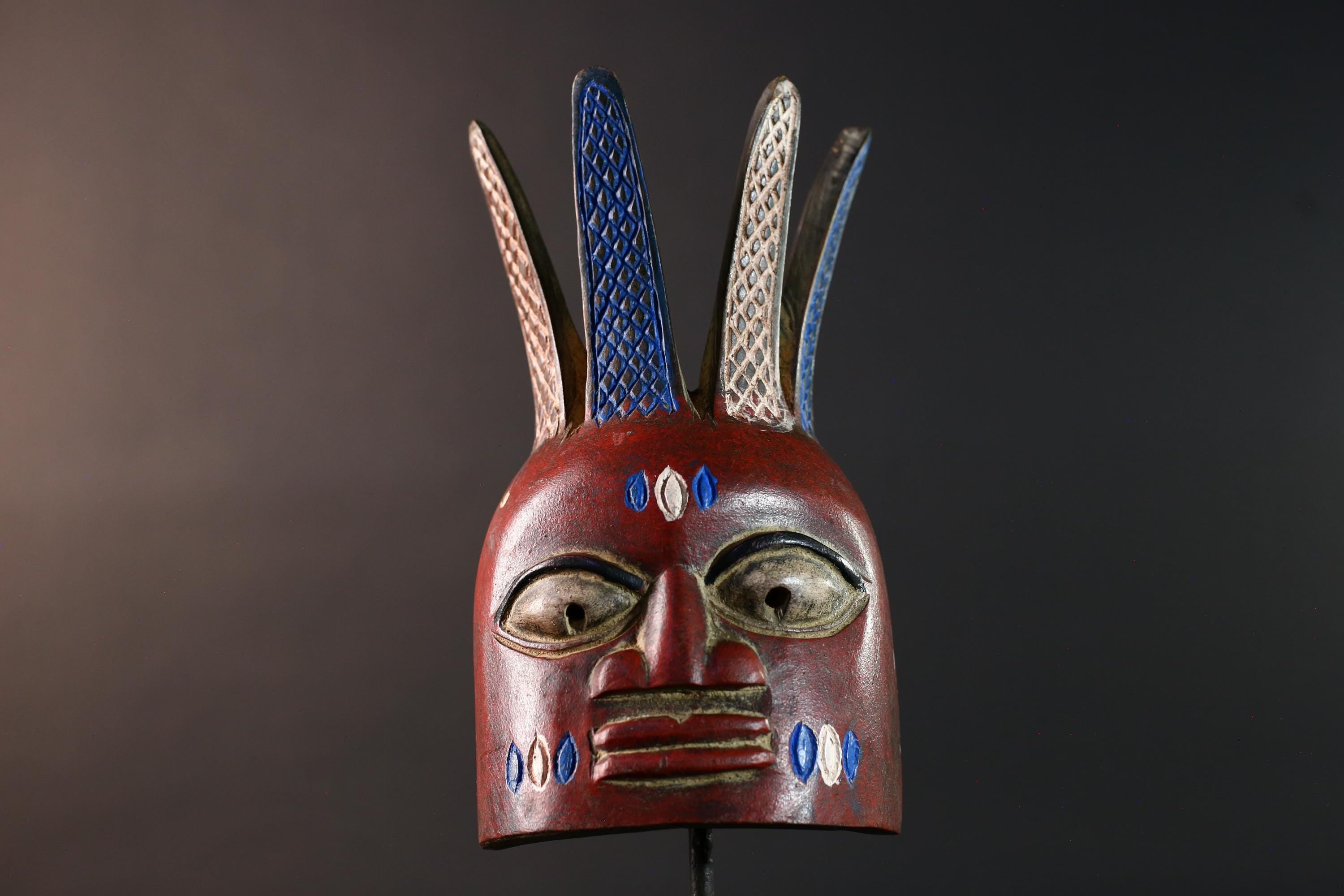 African tribal wall mask red face bwoom songye art carved sculpture mask with crest african wall decor handmade rustic gift for him-G5537